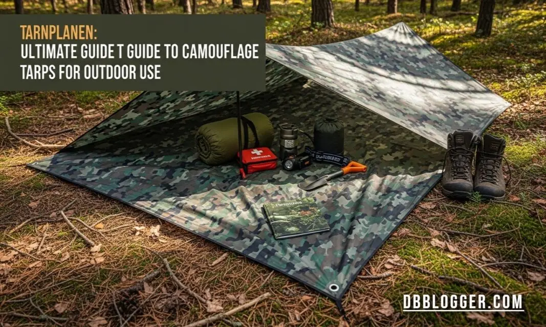 Tarnplanen camouflage tarp set up in a forest campsite